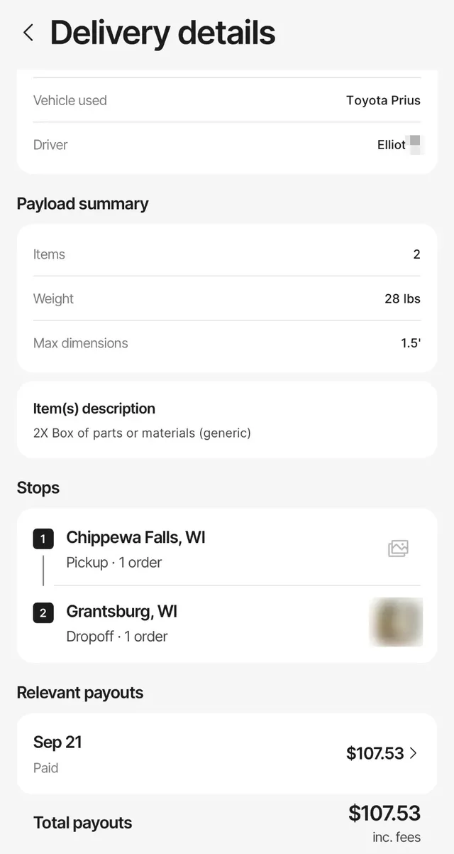Curri delivery record: Toyota Prius, driver Elliot, two boxes, Chippewa Falls to Grantsburg, WI, payout $107.53 paid Sep 21.