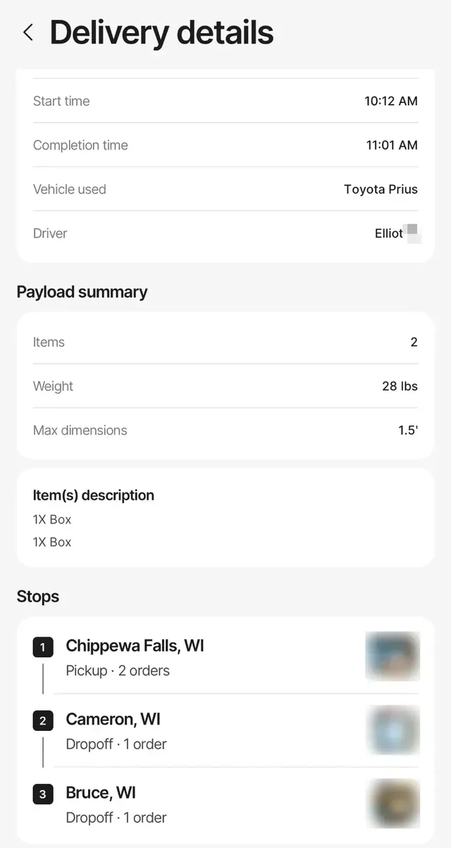 Curri delivery record: one pickup in Chippewa Falls, WI and drop-offs in Cameron and Bruce, WI, started 10:12 AM and completed 11:01 AM.